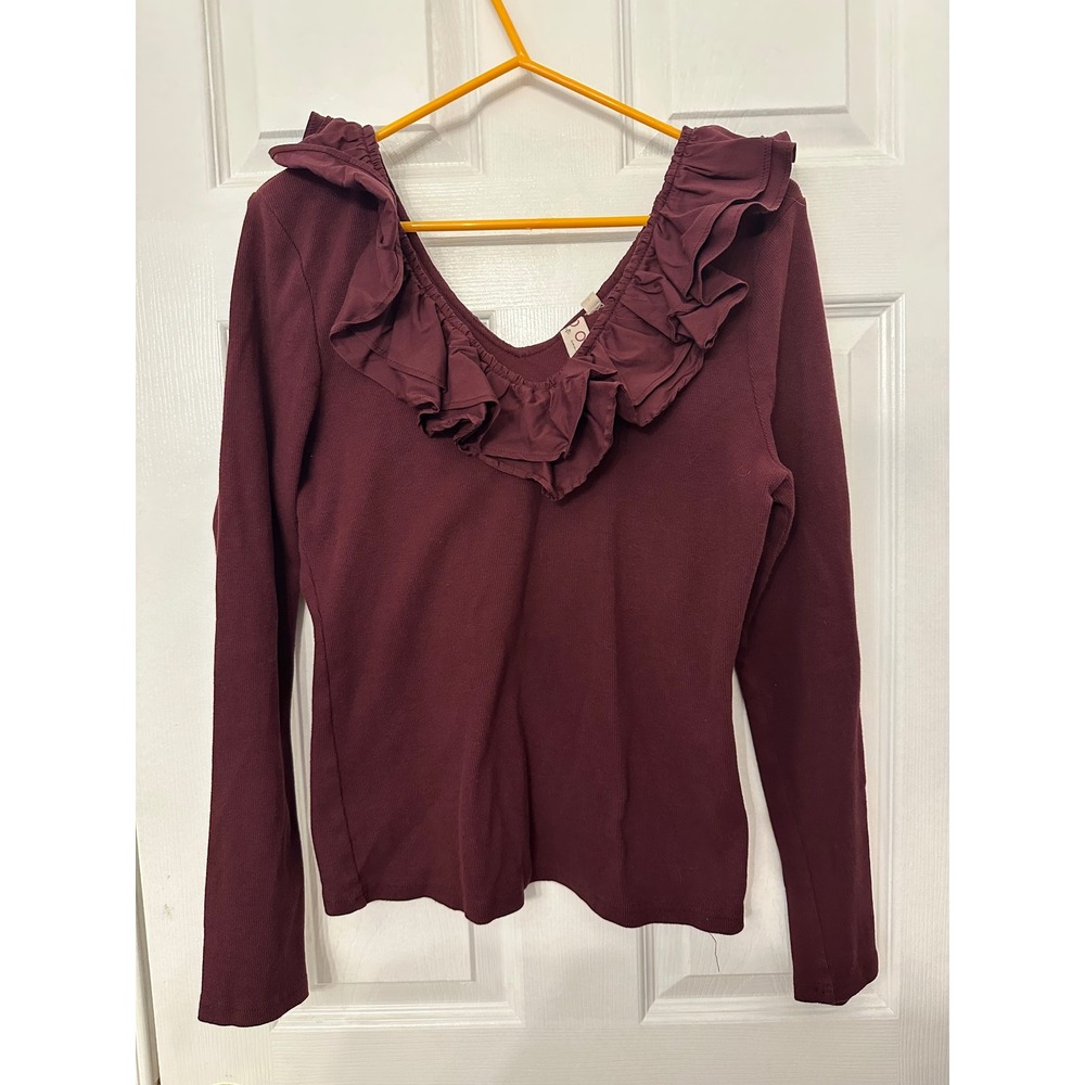 Dolan Left Coast Collection Burgundy Ribbed Ruffle V-Neck Long Sleeve Top L